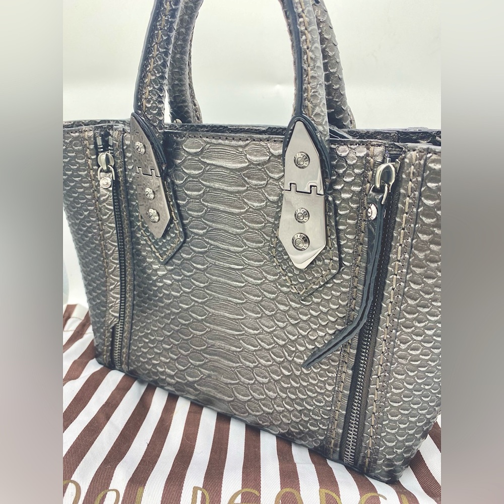 New Henri Bendel A-List Mini Satchel in metallic gray/silver snake